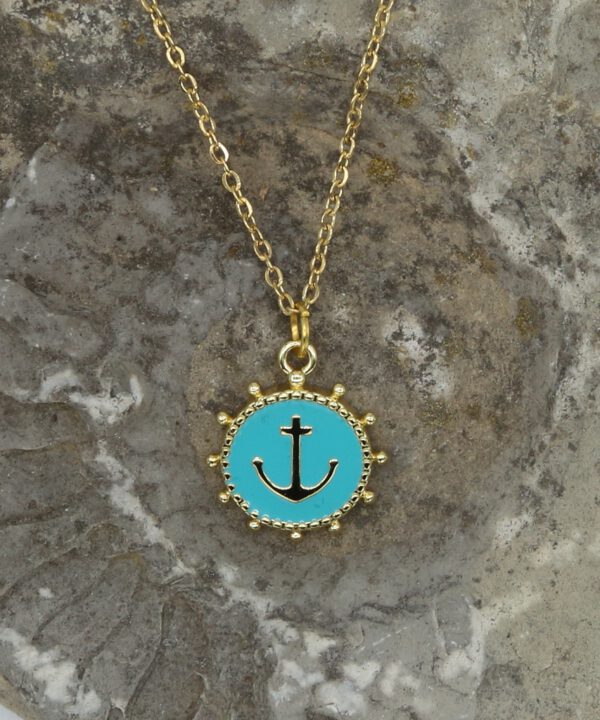 Edelstahl Kette, vergoldet. Anker auf Emaille, türkis.